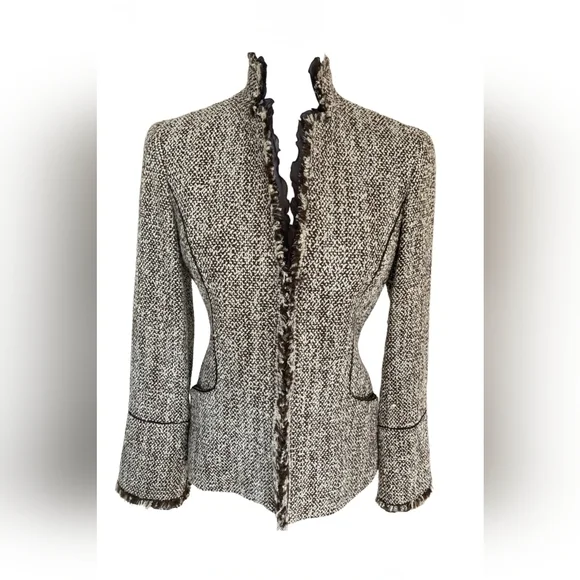 Lafayette 148 Tweed Fringe Jacket US 6 Brown Tan Academic Classic Chic Blazer - Picture 2 of 13